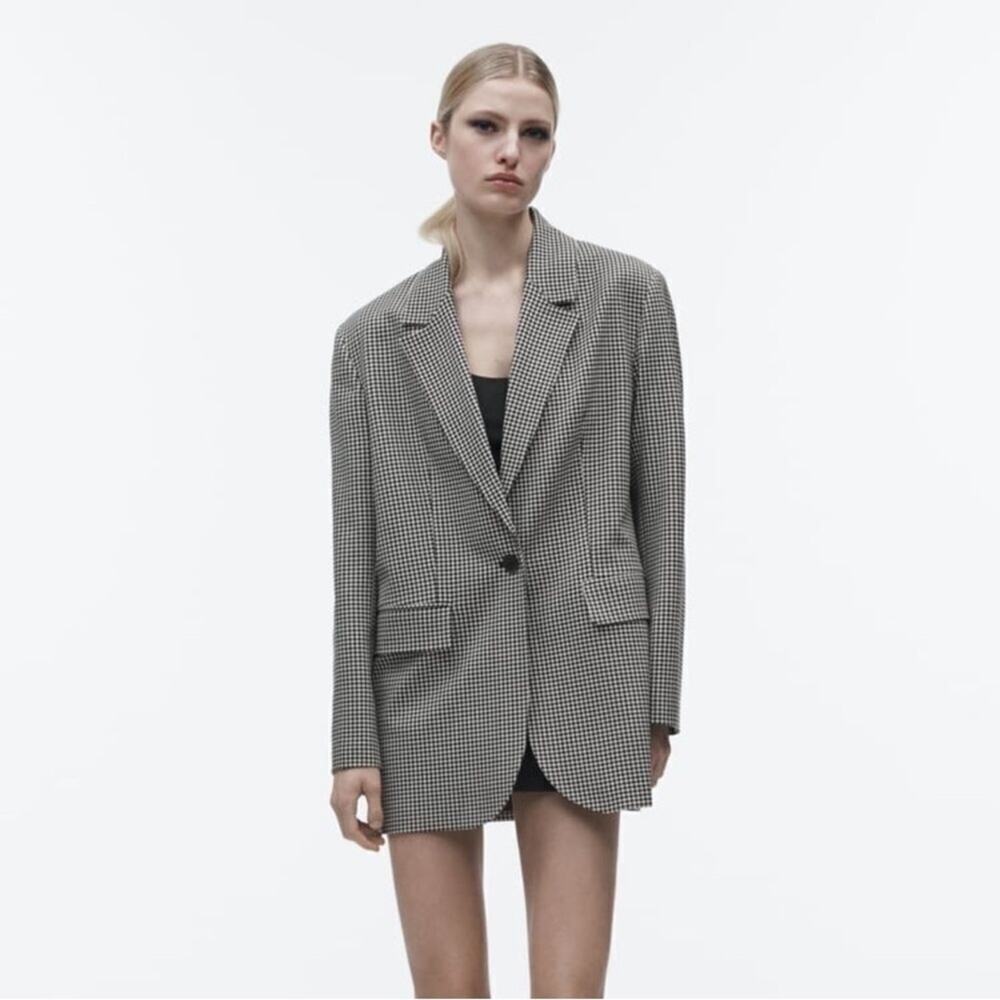 Zara Black and White Gingham Blazer with Shoulder Pads